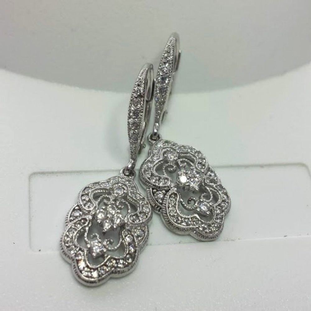 925 Sterling Silver CZ Diamonique Floral Earrings Retro Art Deco Style - Picture 10 of 14
